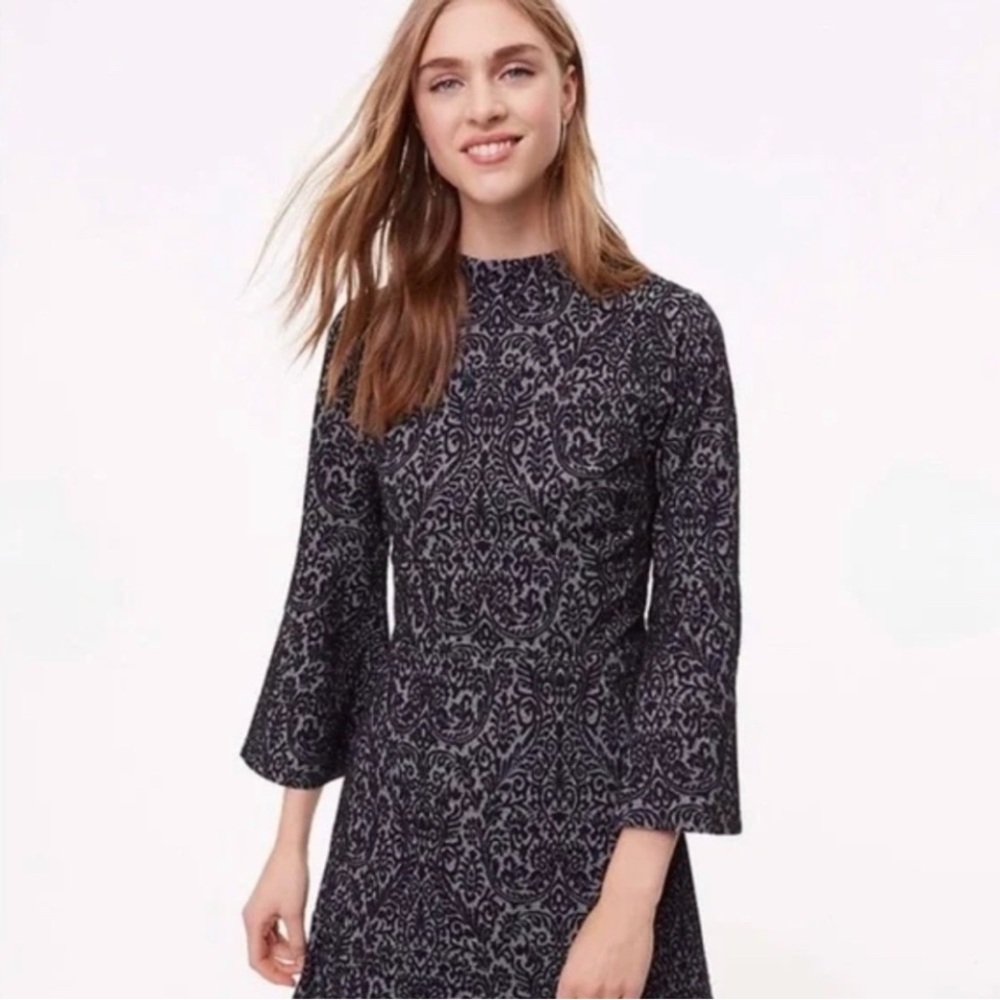 LOFT Black and Gray Bell Sleeve Jacquard Dress